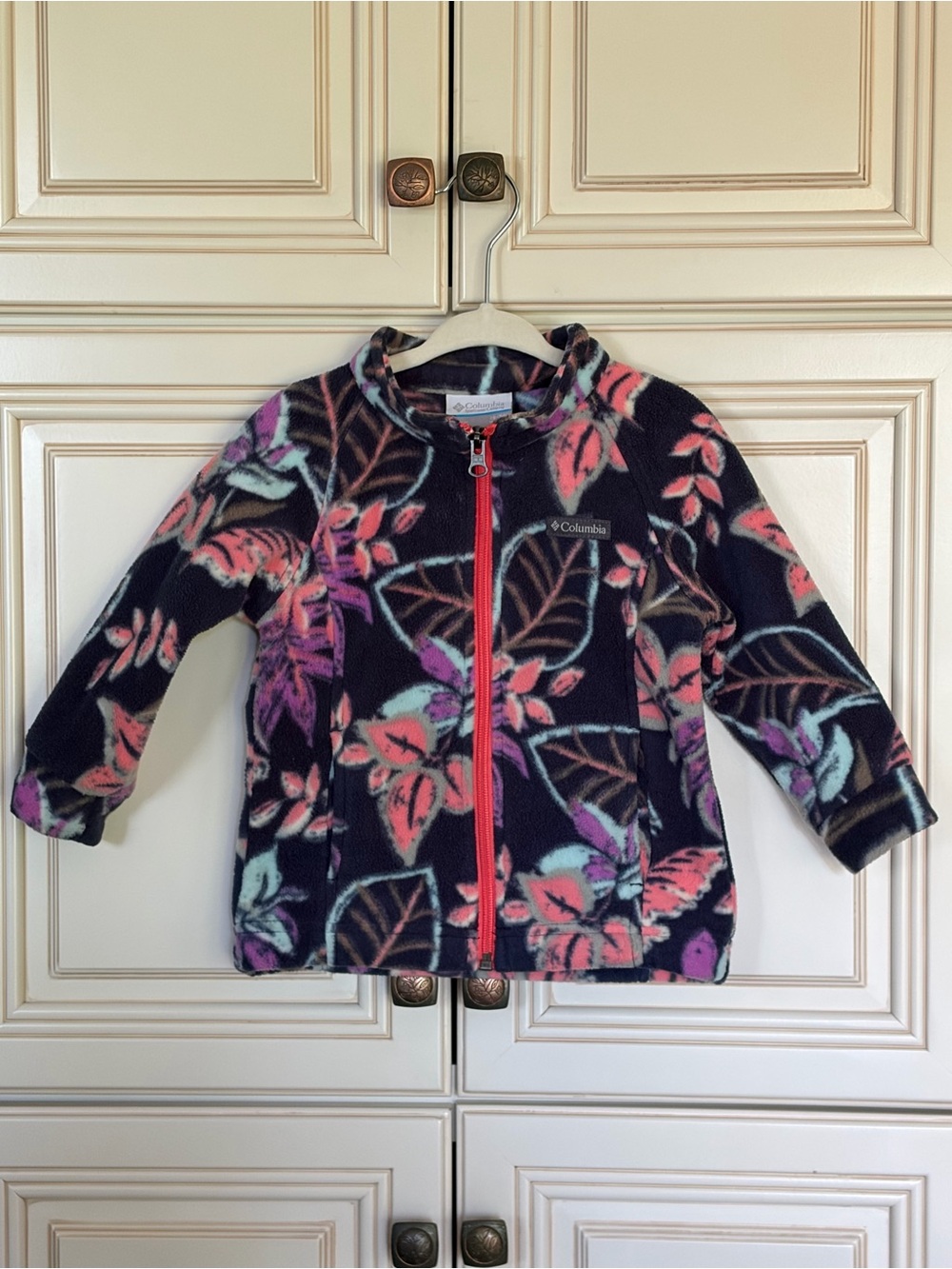 Columbia Kids Navy Floral Puffer Jacket with Pink, Purple & Teal Leaves